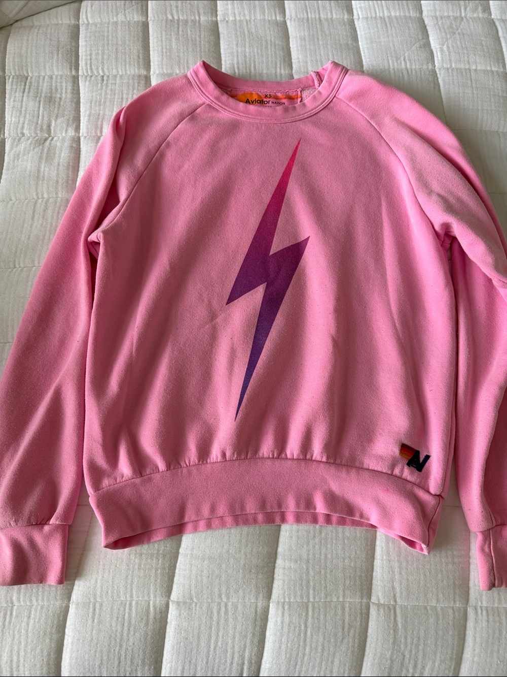 Aviator Nation Pink Crewneck with Purple Lightning Bolt
